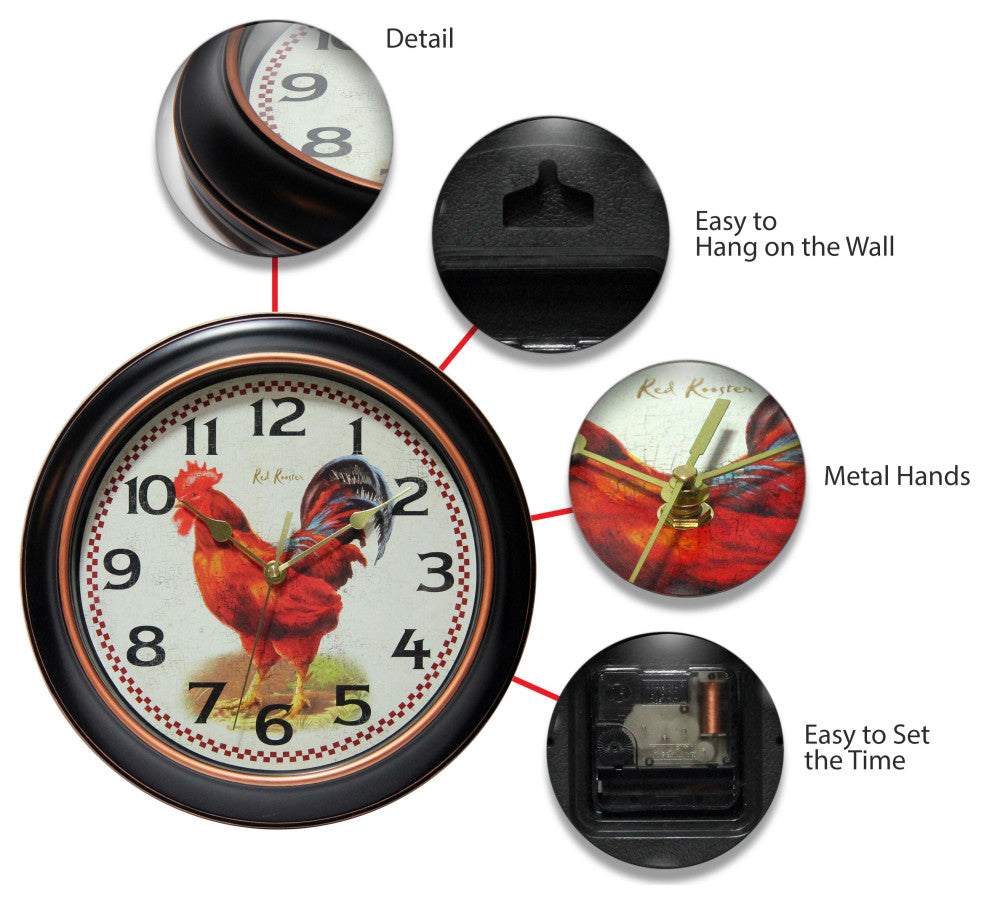 Red Rooster Silent Sweep Wall Clock, 12