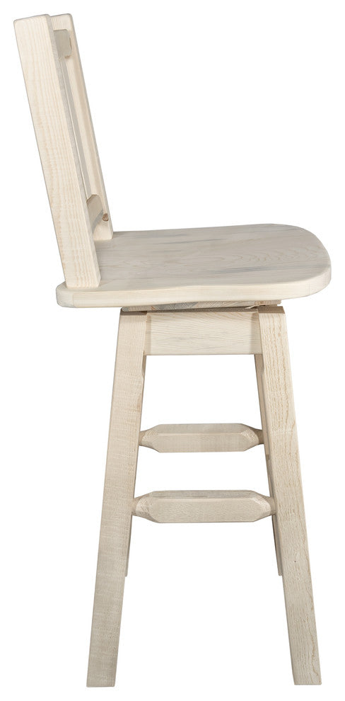 Homestead Bar Stool, Back and Swivel, Laser Engraved Bear, Lacquered