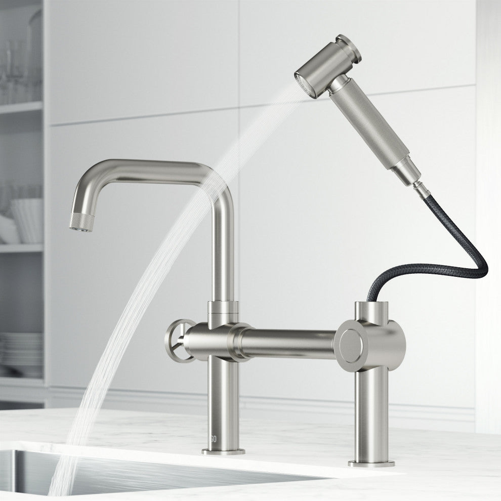 VIGO Cass 13" H Widespread Pull-Out Sprayer Kitchen Faucet, Stainless Steel