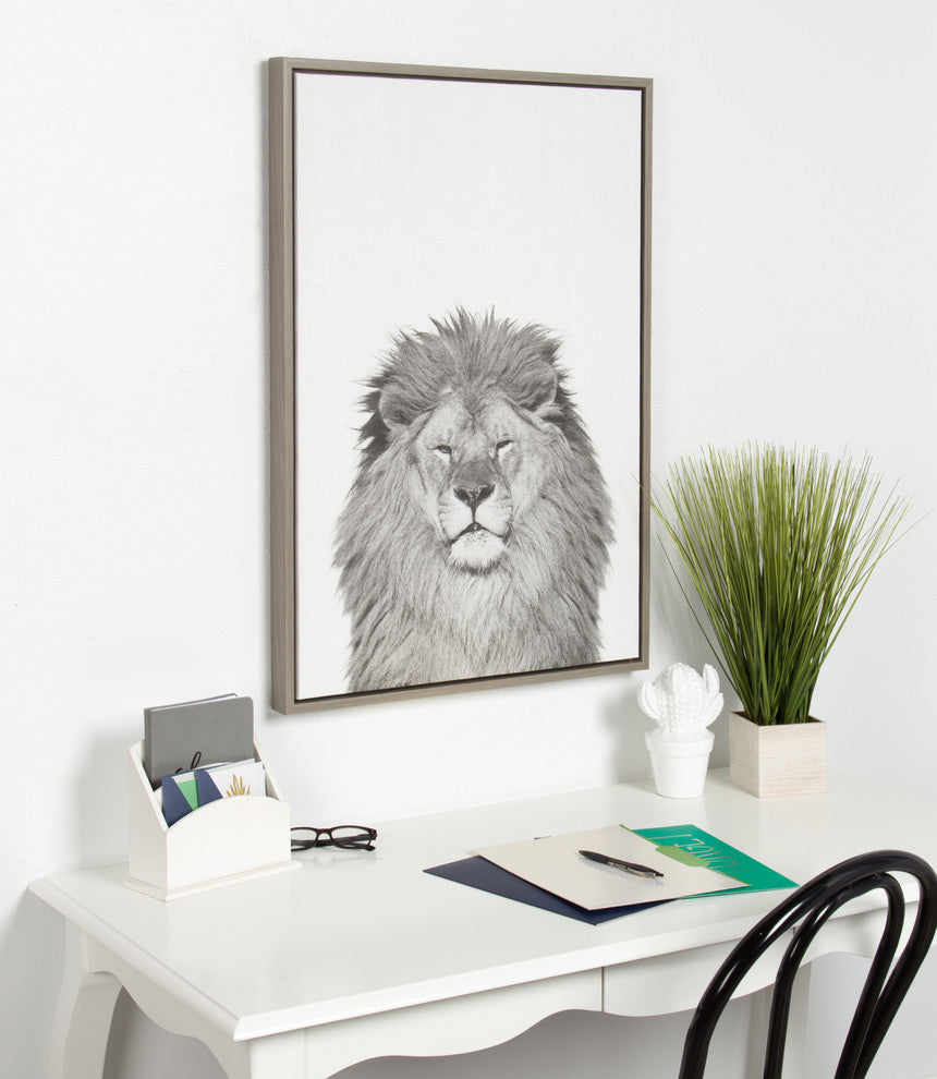 Sylvie Lion Portrait Framed Canvas Wall Art by Simon Te Tai, Gray 23x33