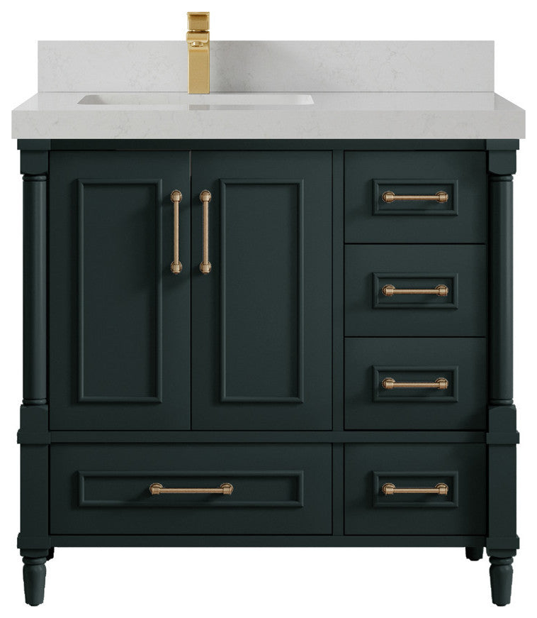 Aberdeen 36 Left Offset Bath Vanity in Dark Forest Green 2" Carrara Quartz