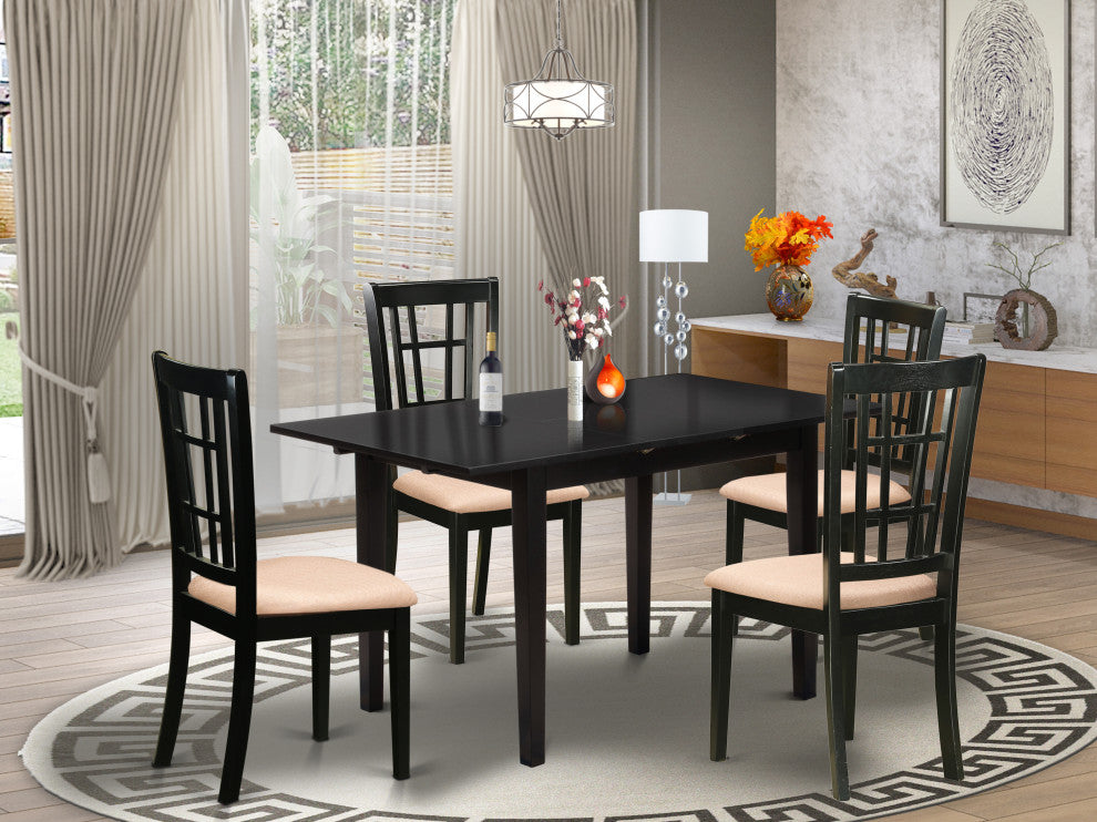 5Pc Dining Set 4 Chairs, Faux Leather Seat, Butterfly Leaf Table, Black