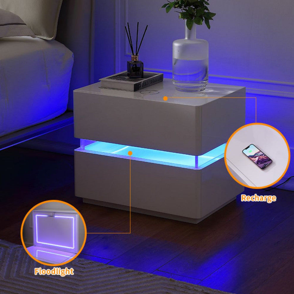 Modern Night Stand with Human Induction Atmosphere Lamp, Cream White, Includes Wireless Charging