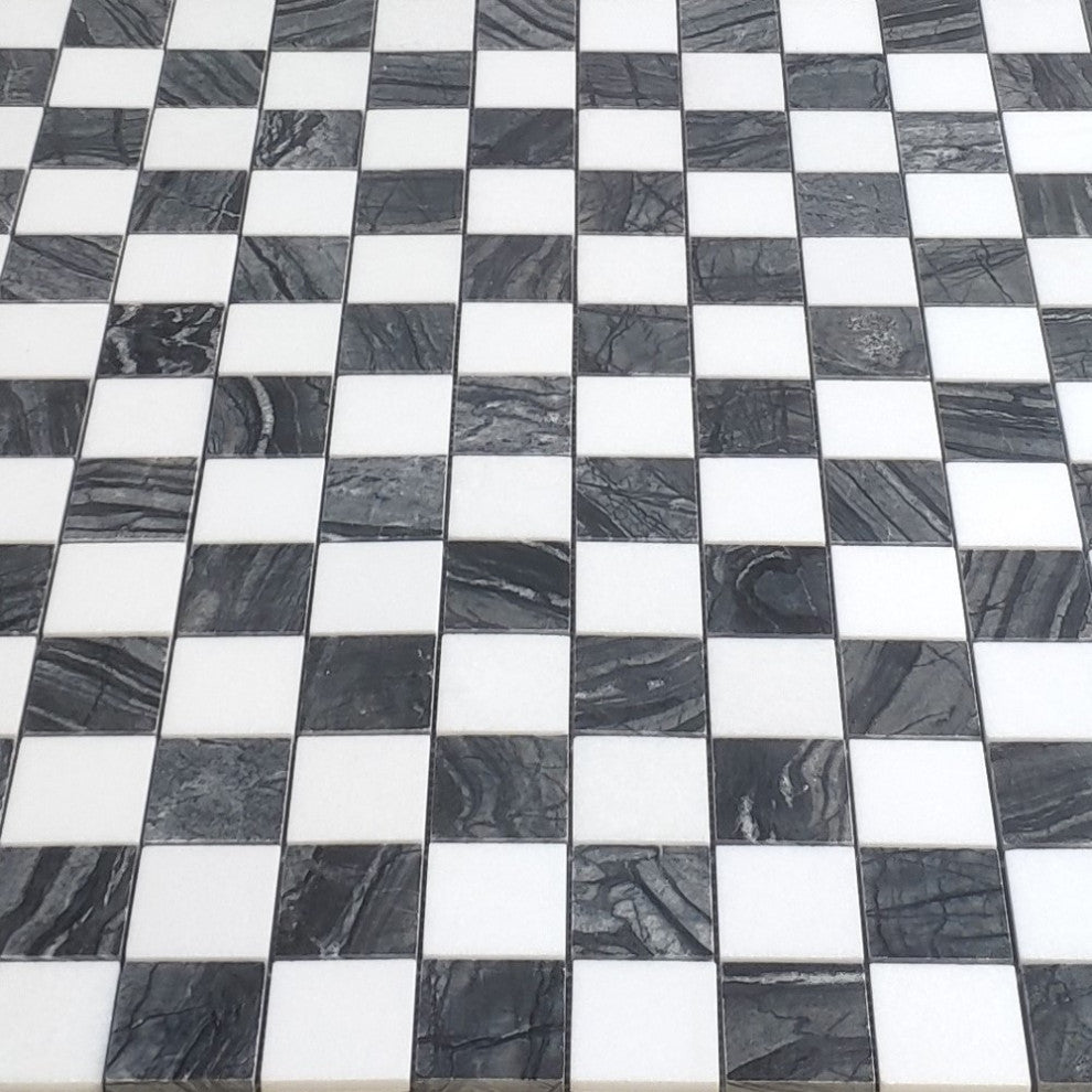 Silver Wave Black Forest Thassos White Marble Checkerboard Tile Polish, 1 sheet