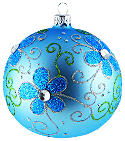 Powder Blue Ball Ornament With Blue Daisies, Small