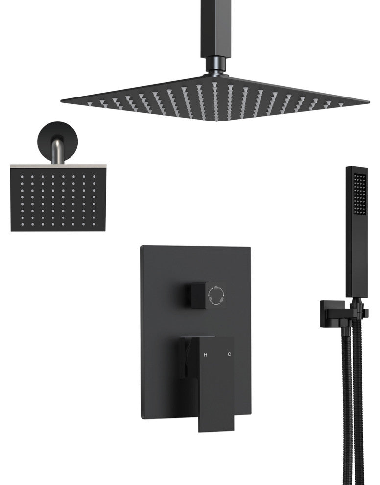 Dual Heads 3-Functions Shower System With Pressure Balancing Rough-In Valve, Matte Black