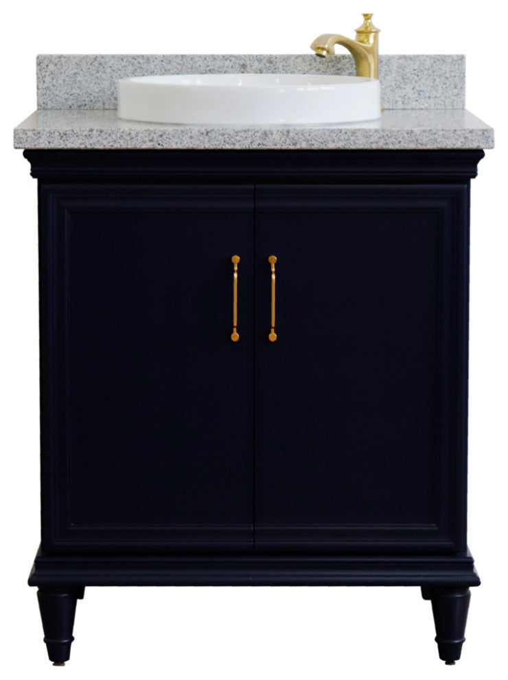 31" Single Vanity, Blue Finish With Gray Granite And Round Sink