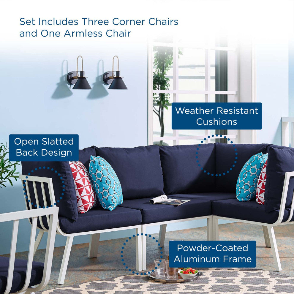 Lounge Sectional Sofa Chair Set, Aluminum, Metal, White Blue Navy, Outdoor