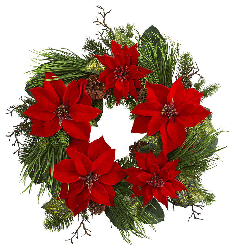 28" Poinsettia and Pine Wreath