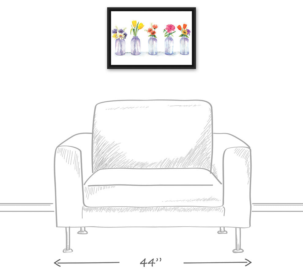 Painted Flowers in Glass Jars Print 12x18 Black Floating Framed Canvas