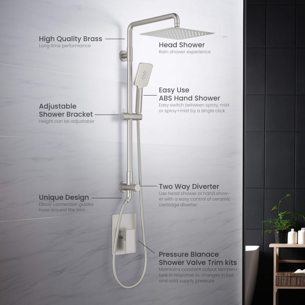 Cube 2-Function Shower Column, Rough, Valve, Brushed Nickel