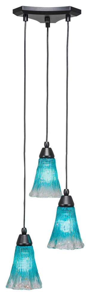 Europa 3-Light Cluster Pendalier, Matte Black/Teal Crystal