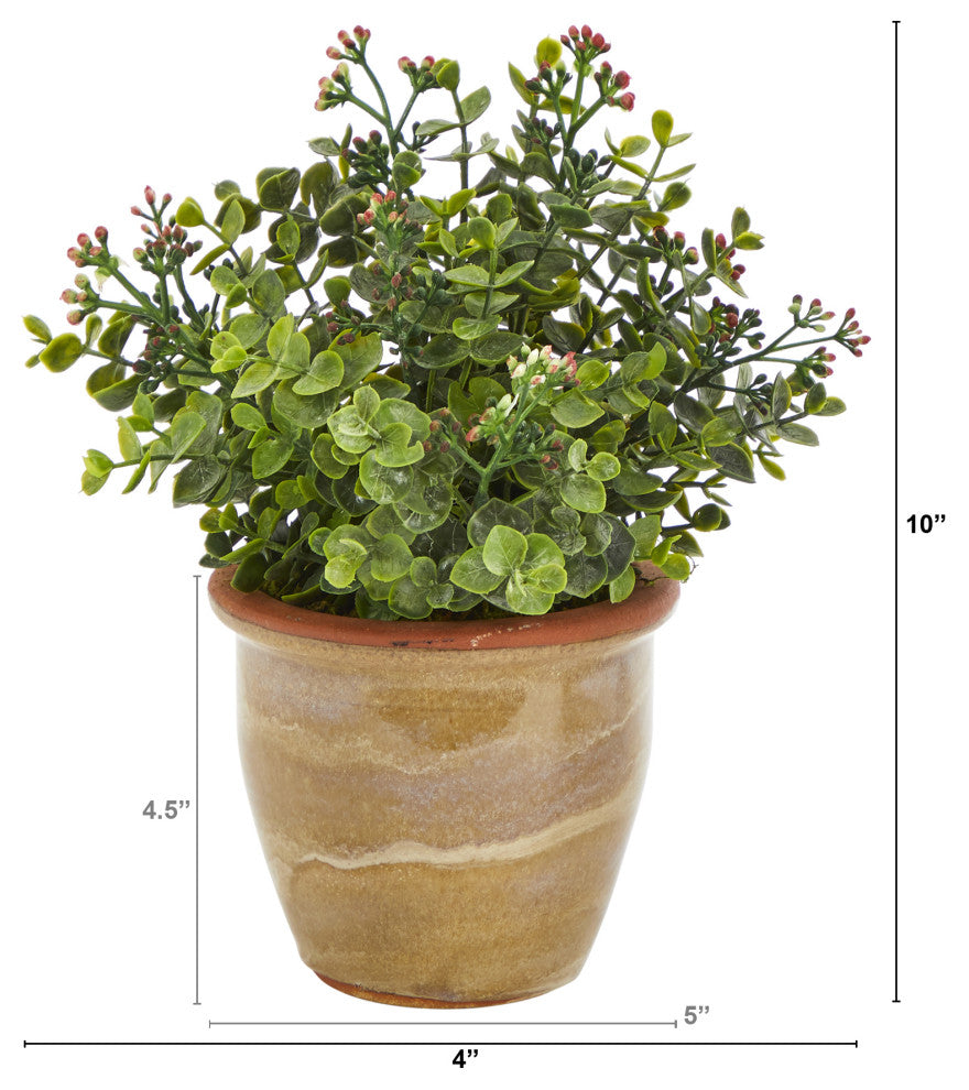 10" Eucalyptus and Sedum Succulent Artificial Plant, Ceramic Planter
