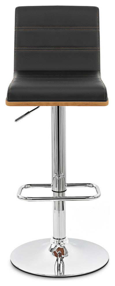 Black Faux Leather Walnut and Chrome Adjustable Swivel Bar Stool