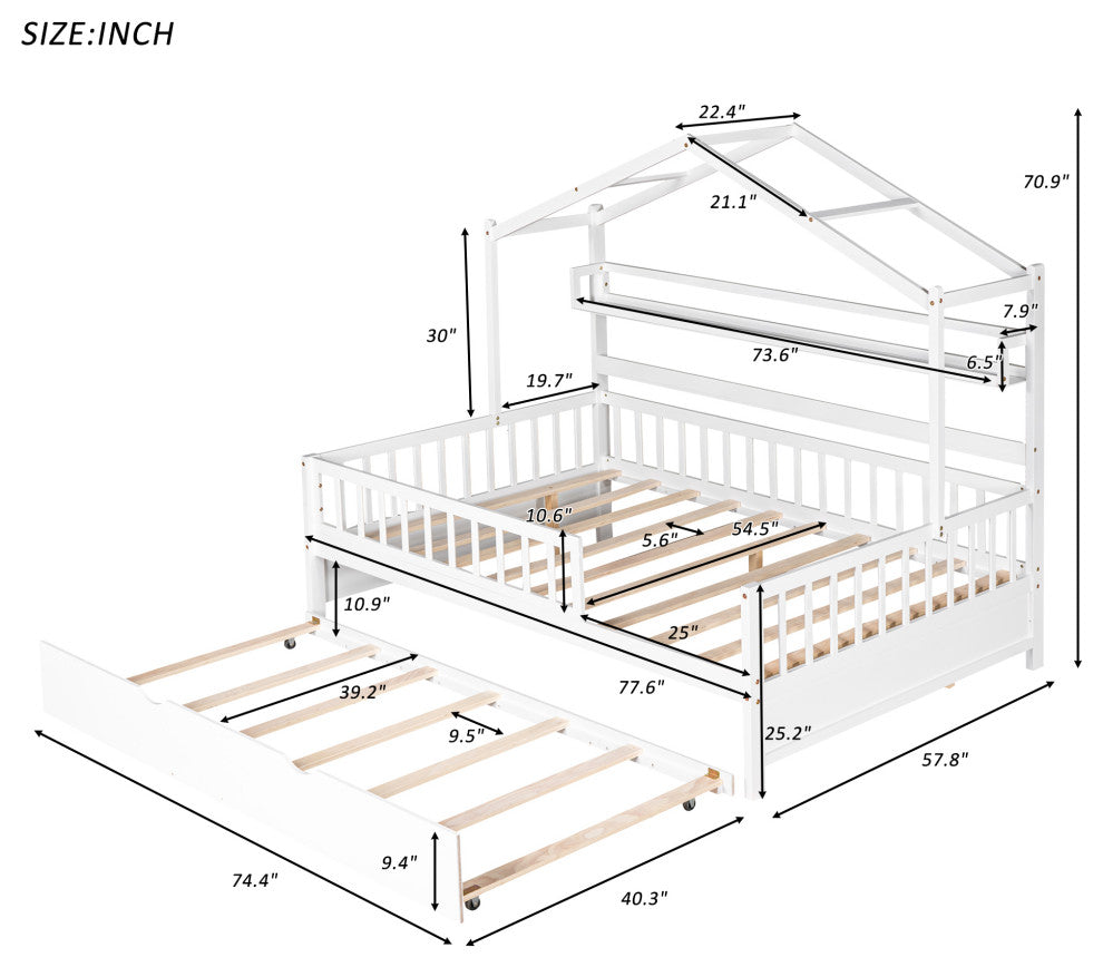 Gewnee Wood Full Size House Bed with Trundle for Kids in White