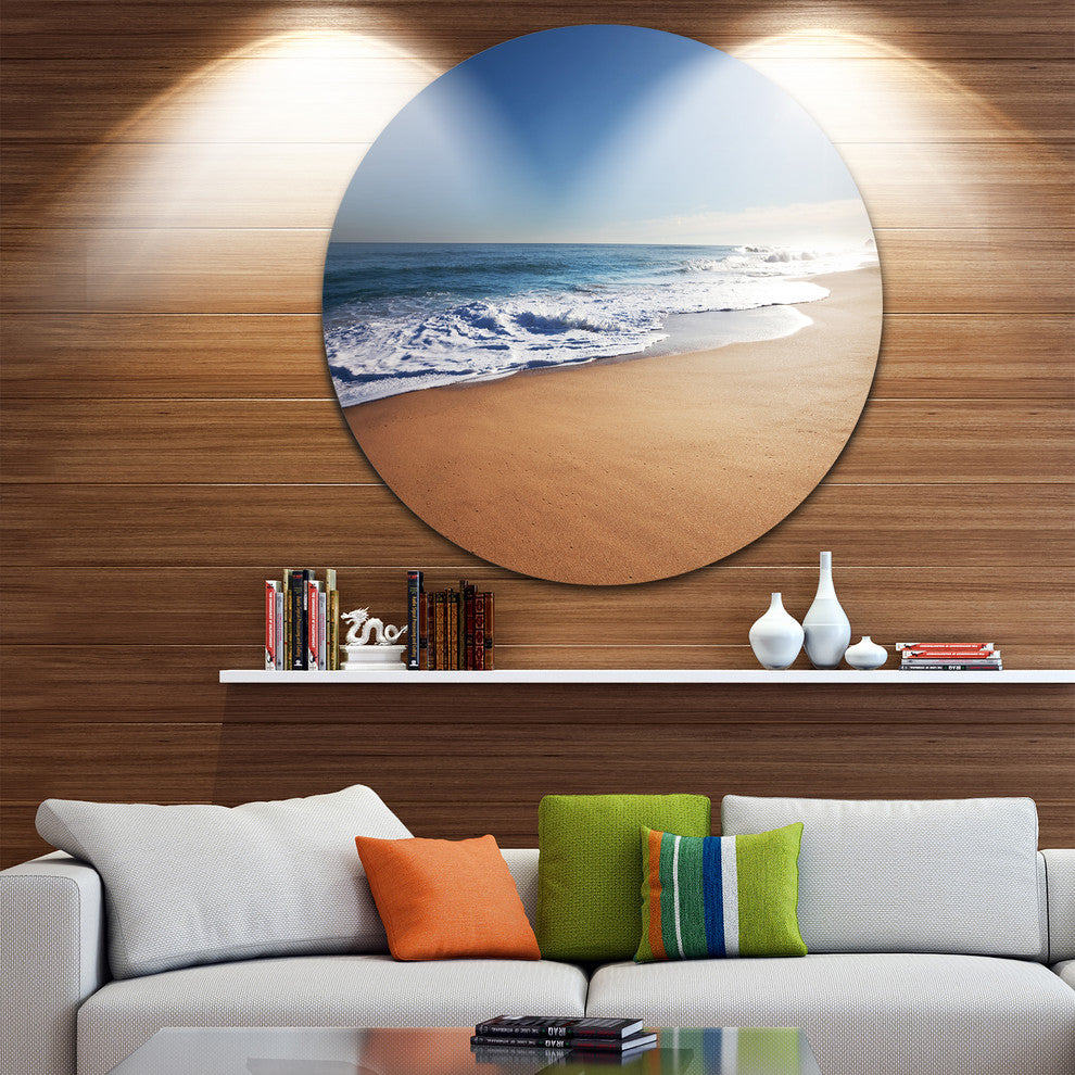 Calm Blue Seashore With White Sun, Seashore Disc Metal Wall Art, 11"