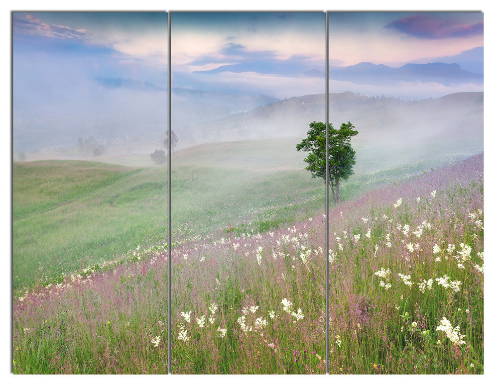 Foggy Summer Morning in Mountains, Landscape Canvas Art Print, 36x28, 3 Panels