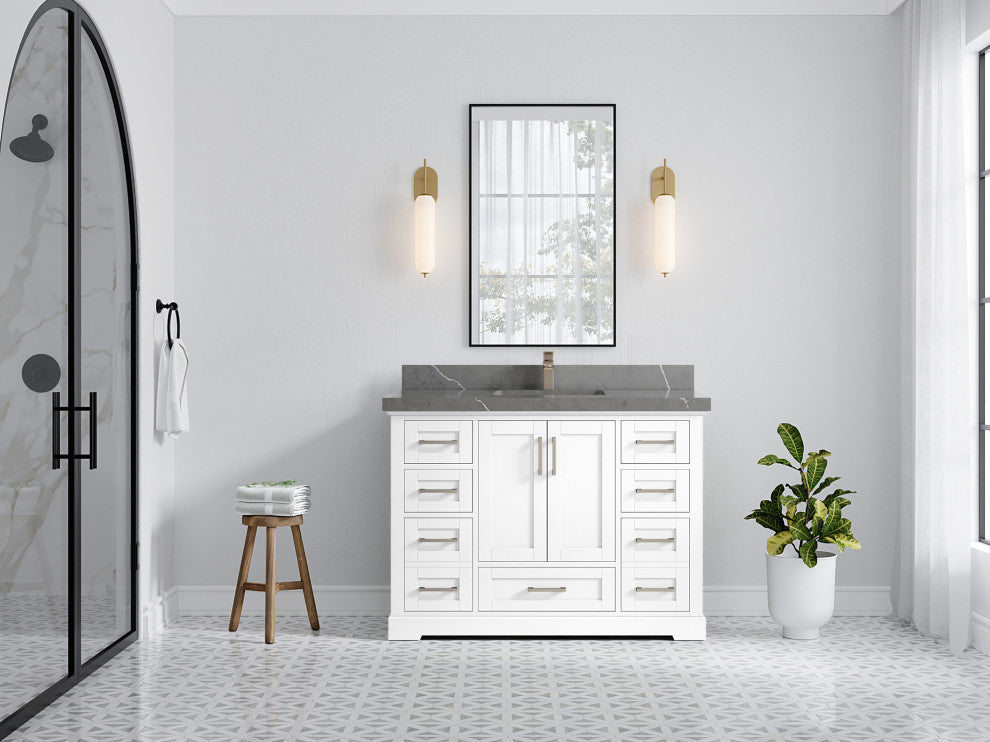 Boston 48 Single Sink Bath Vanity in White 2" Piatra Gray