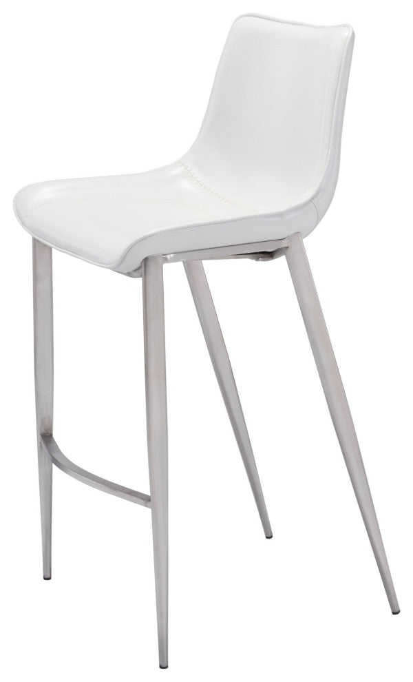 Bar Stool Chair Barstool, Set of 2, Faux Vinyl Leather, Steel, White, Silver