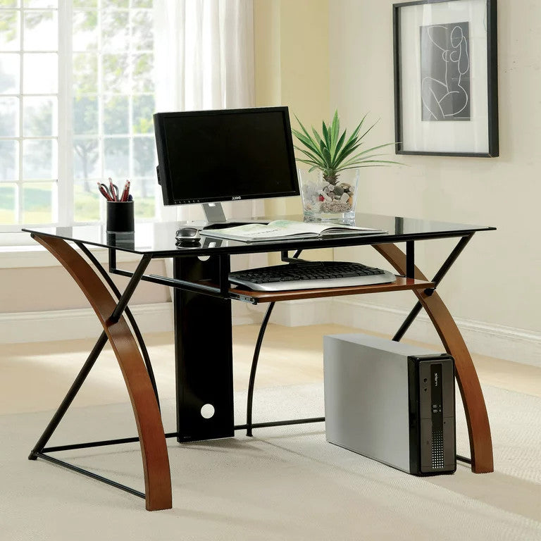 Contemporary Desk, Unique X-Shaped Sides With Tempered Glass Top & Keyboard Tray