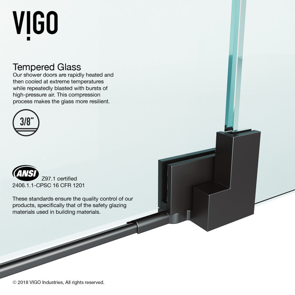 VIGO Pirouette 30" to 36" W x 72" H Frameless Pivot Shower Door, Matte Black, Clear Glass