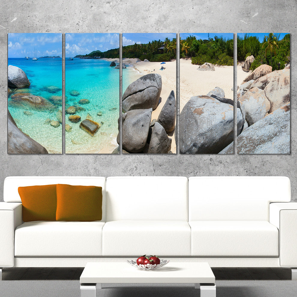 "Turquoise Ocean Water With Rocks" Modern Seascape Wall Art, 5 Panels, 60"x28"