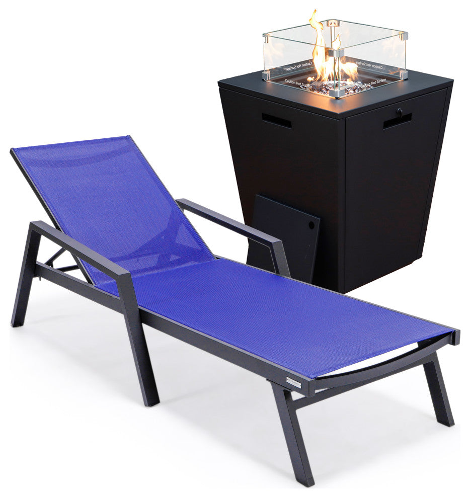 LeisureMod Marlin Chaise Lounge Chair With Arms and Fire Pit Table, Navy Blue