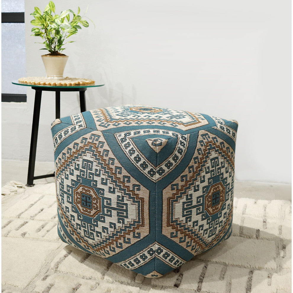 Turquoise Machine Woven Palomas Pouf, 18" Cube