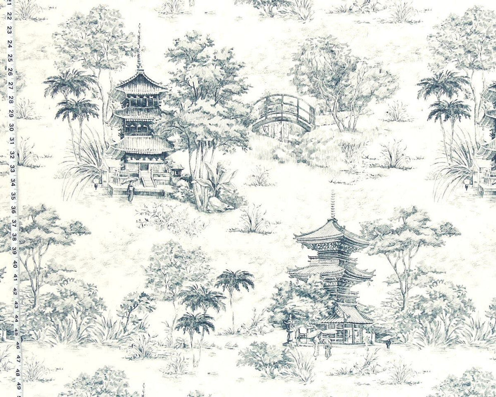 Blue Pagoda Toile Fabric Mid Century Asian Tea House Material, Standard Cut- 24" Length