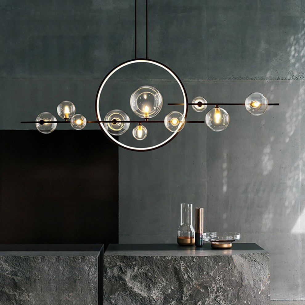 Bubi Modern Kitcehn Island Light for Dining Room with Glass Globe Shade, Black, 10-Light