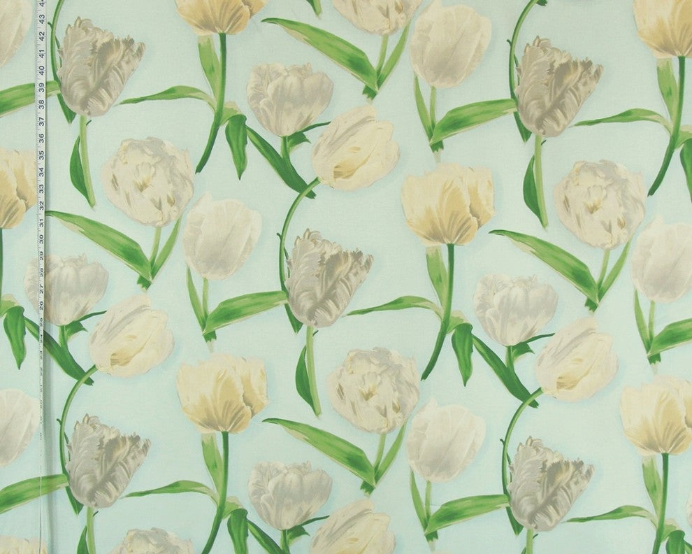 Cream White Tulip Fabric Blue Spring Sky, Sample Cut