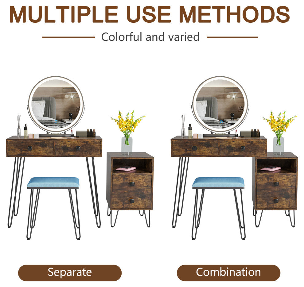 4-Drawer Makeup Vanity Table Set, With Dimmable LED Mirror & Stool, Brown