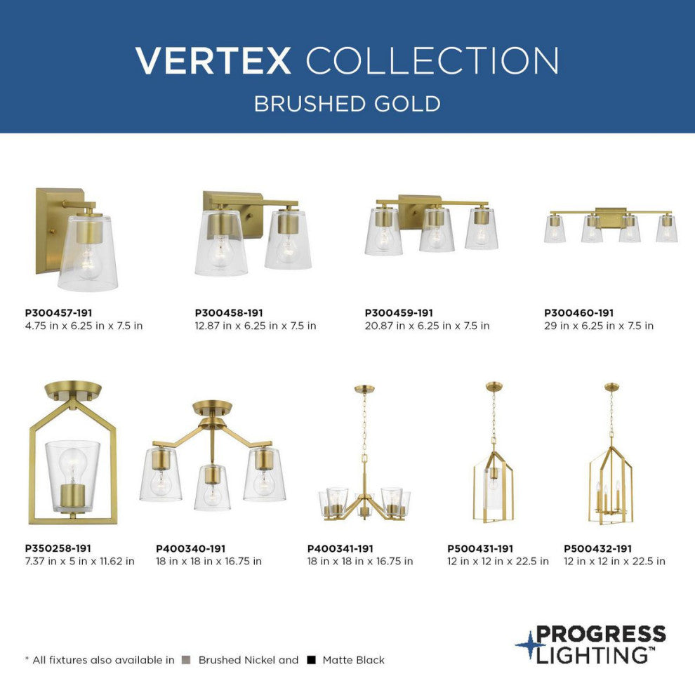 Vertex Collection One-Light Brushed Gold Clear Glass Semi-Flush Mount