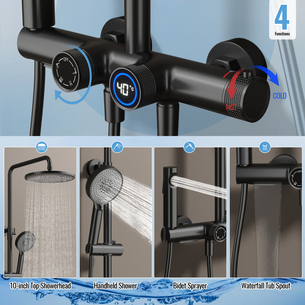 Exposed 4-Function Thermostatic Shower System with Spray Gun and Tub Spout, Matte Black