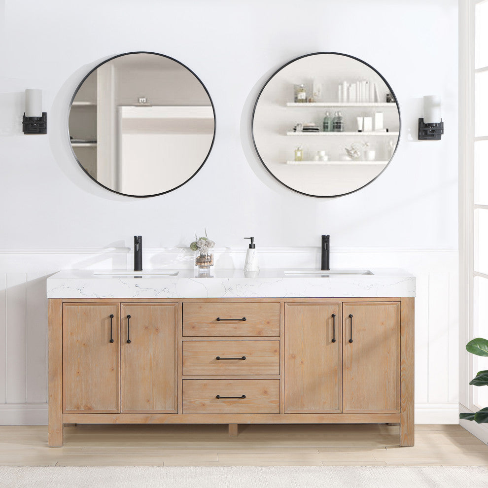 Leon Bath Vanity With Composite Stone Top, Fir Wood Brown, 72", With Mirror