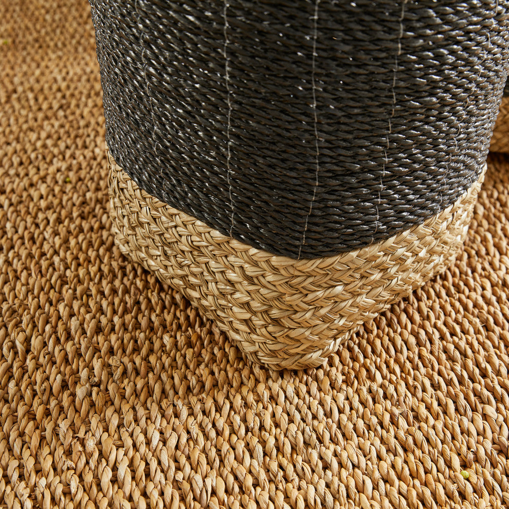 Set of 3 Contemporary Casual Natural Black Round Tote Baskets Handles Large