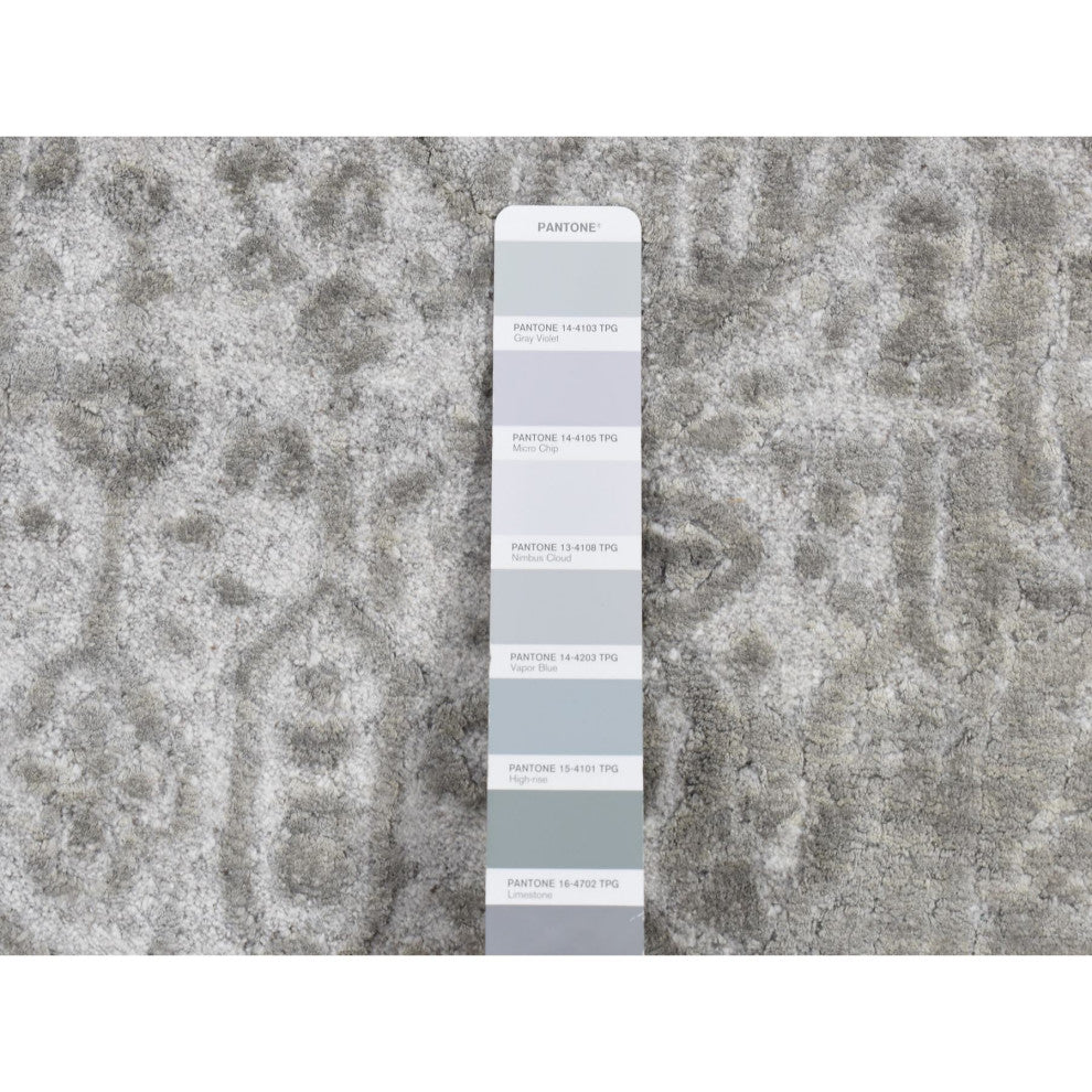 Gray, Abstract Design Wool and Pure Silk Hand Knotted Runner Rug, 2'7"x8'