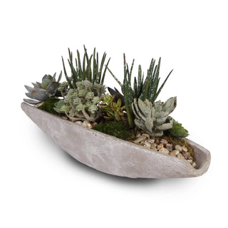 Assorted Artificial Succulents With Natural Pebbles, Stone Boat