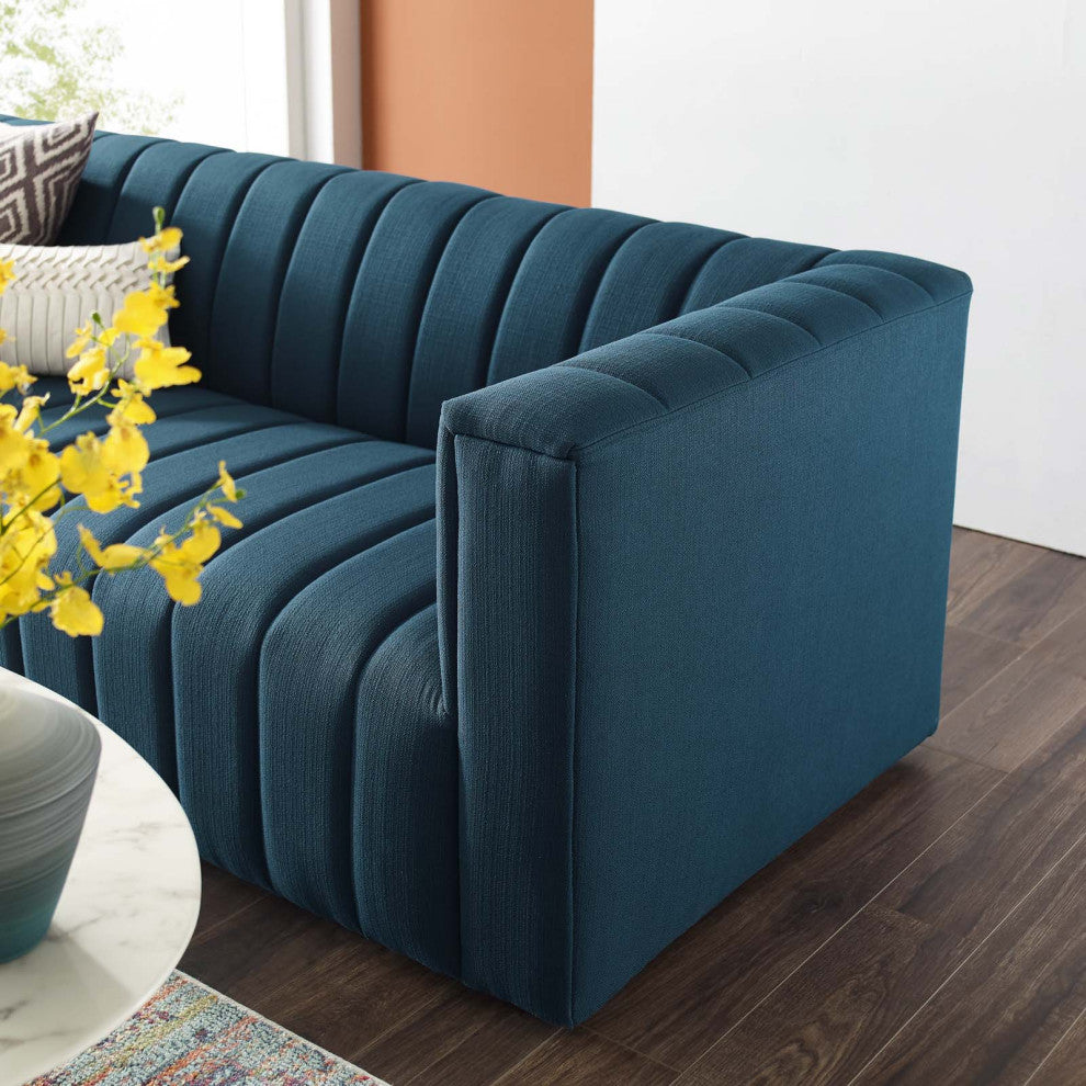 Tufted Sofa, Fabric, Navy Blue, Modern, Living Lounge Hotel Lobby Hospitality