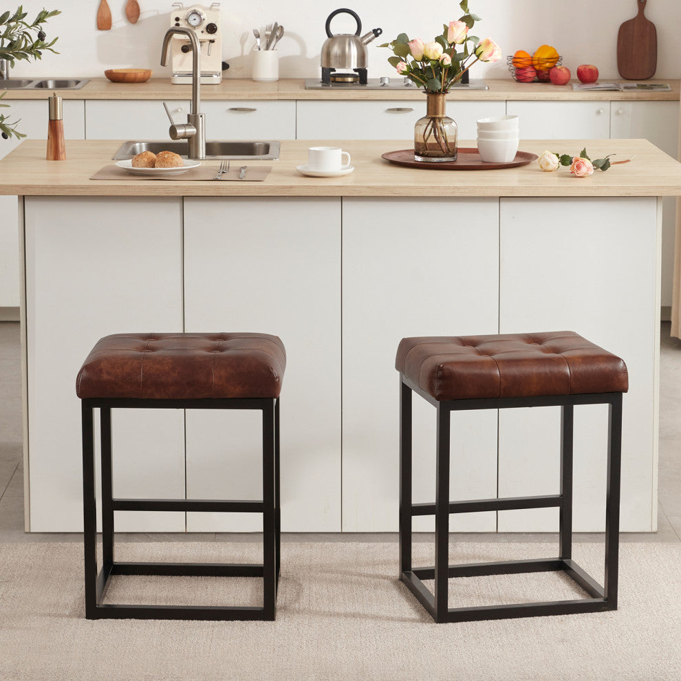 Set of 2 Button Tufted Faux Leather Counter Stools, Dark Brown, 24 in