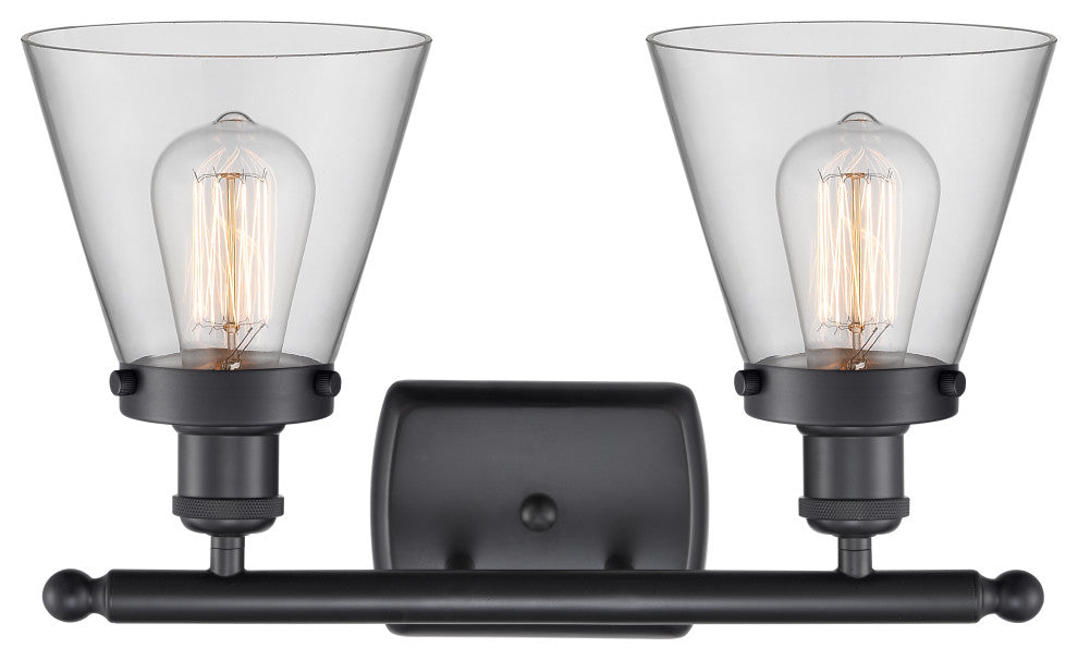 Small Cone 2-Light Bath Vanity-Light, Matte Black, Clear