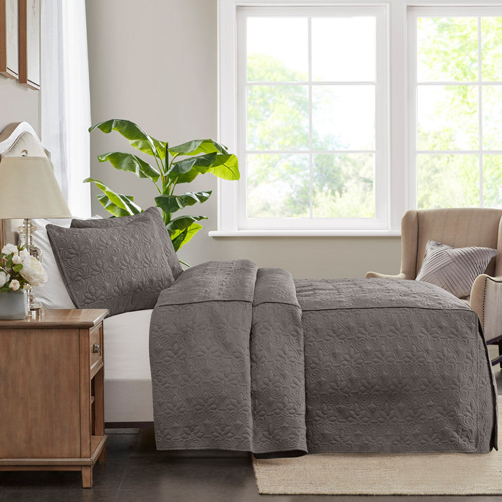 Madison Park Quebec 3 Piece Fitted Bedspread Set, Dark Grey