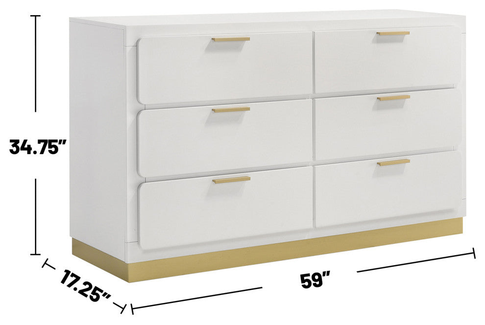 6 Drawers Wooden Nightstand With Bar Drawer Pulls, White and Gold