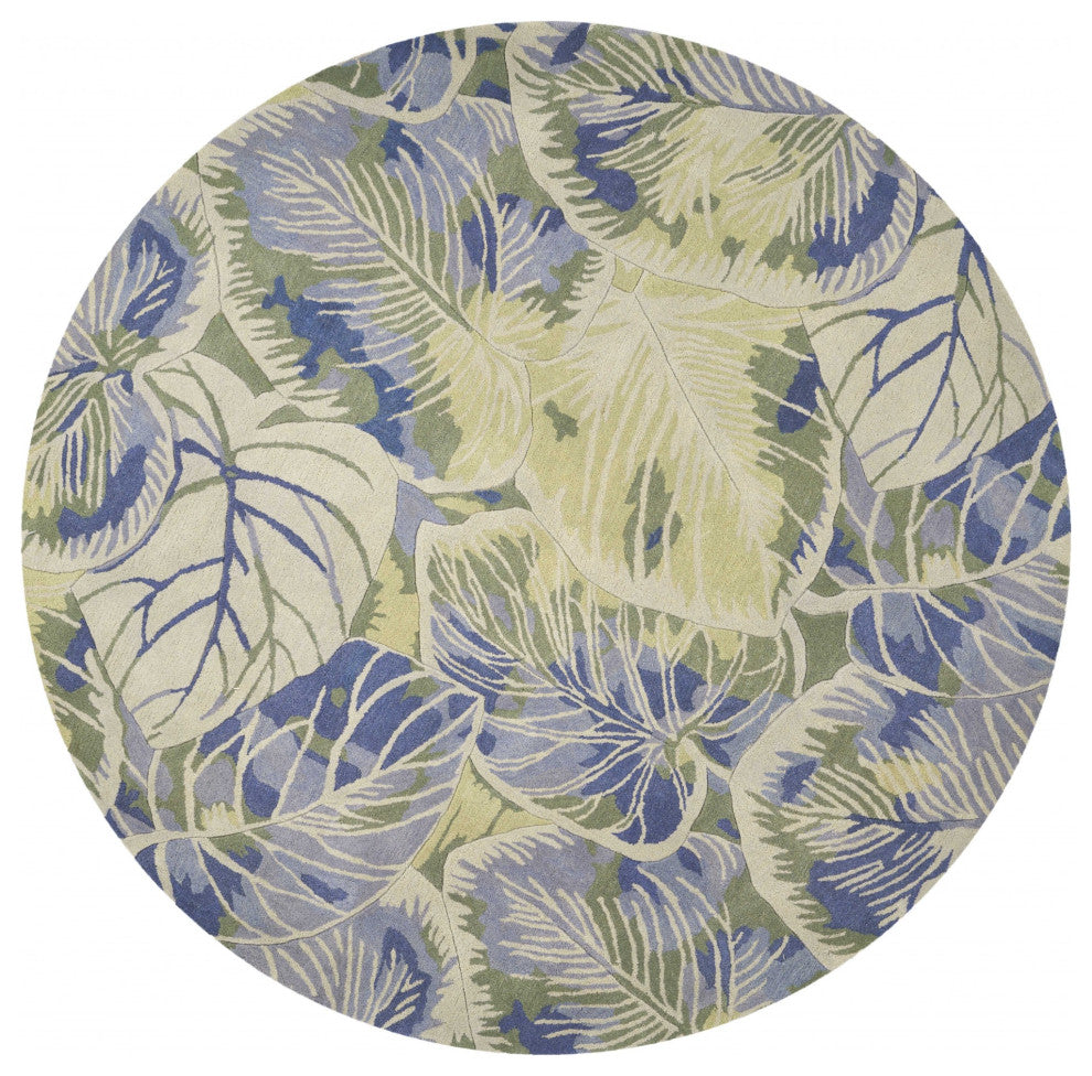 HomeRoots 6' Blue Green Hand Tufted Tropical Leaves Round Indoor Area Rug