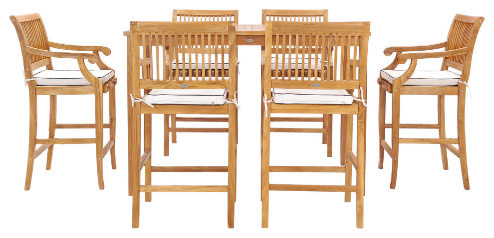 7 Piece Teak Wood Castle 63" Rectangular Bistro Bar Set, 6 Barstools with Arms