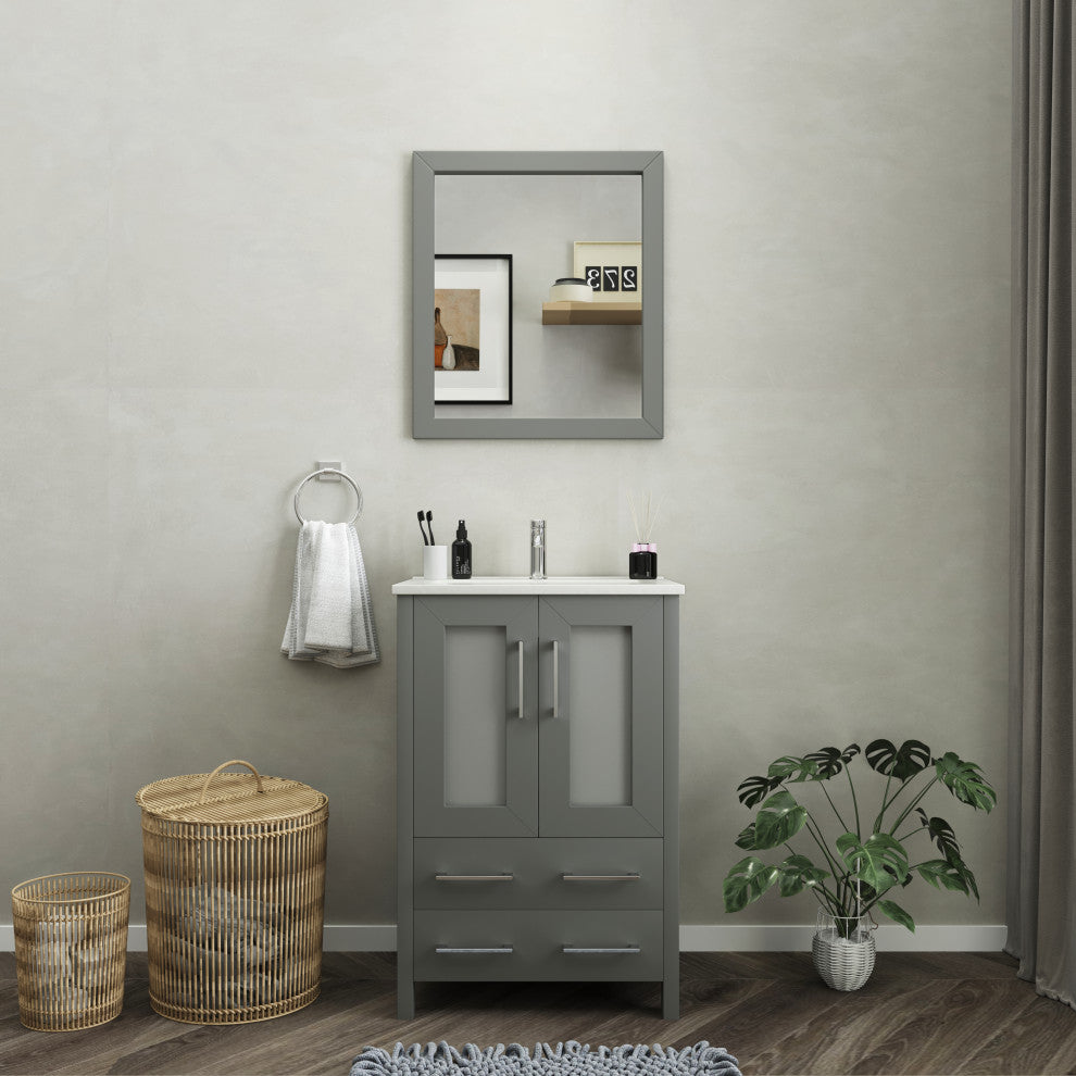Vanity Art Vanity Set With Ceramic Top, 24", Gray, Led Touch-Switch Mirror