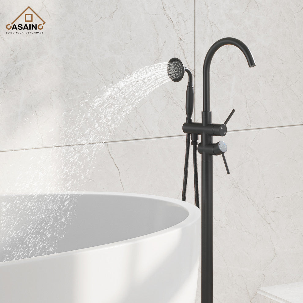 6 GPM Freestanding Bathtub Faucet with Hand Held Shower and Double Handle, Matte Black