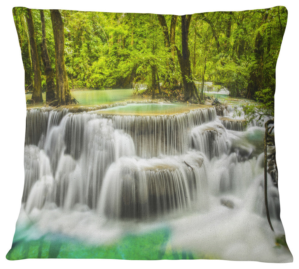 Erawan Waterfall View Photography Throw Pillow, 16"x16"