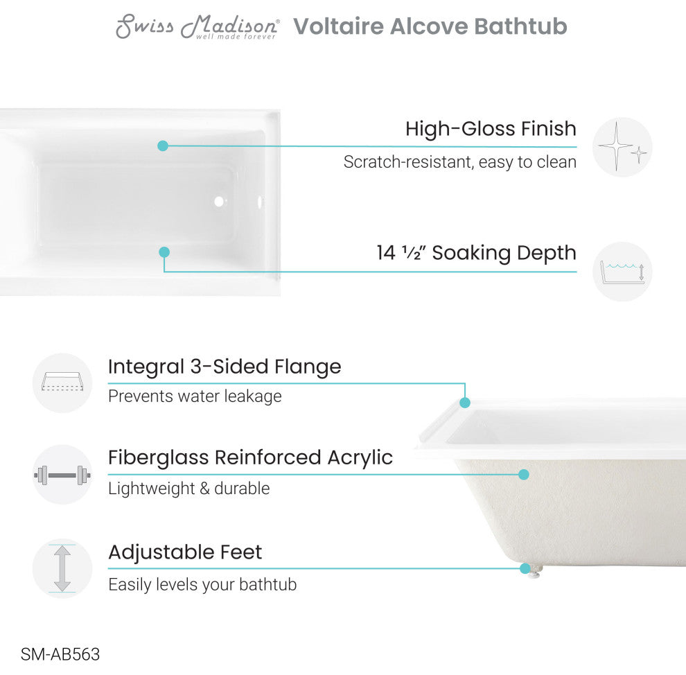 Voltaire 54x30, Acrylic Glossy White, Alcove, Bathtub, Right-Hand Drain
