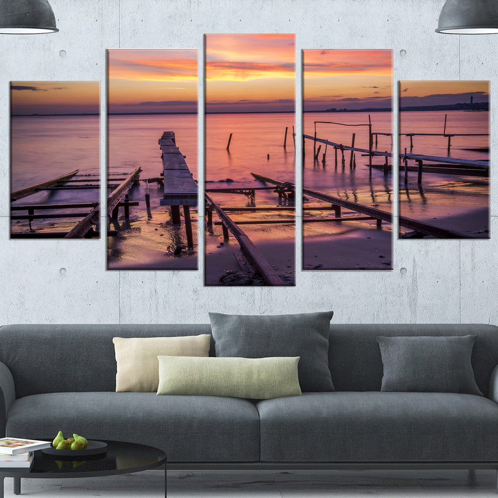 Fishing Pier in Sea at Sunset, Seashore Canvas Art Print, 60"x32", 5 Panels